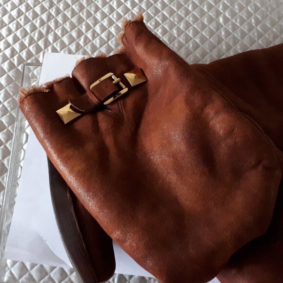 NWT MICHAEL Michael Kors brown distressed faux suede & faux fur lined long boots - Picture 7 of 15